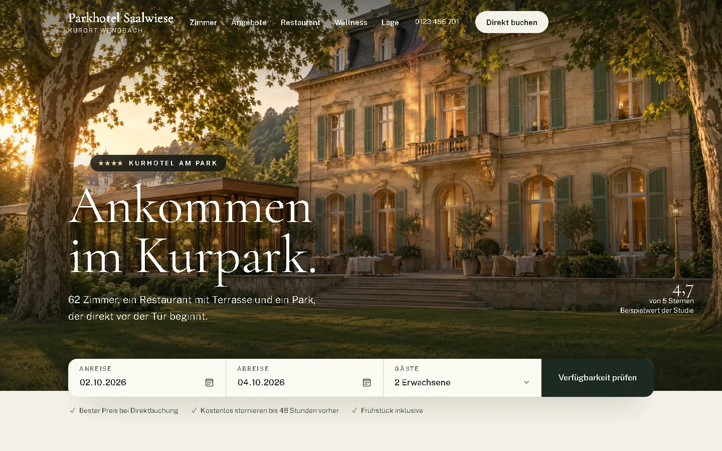 Startseite des Parkhotels Saalwiese nach der Neukonzeption: großes Hotelbild mit Buchungsleiste