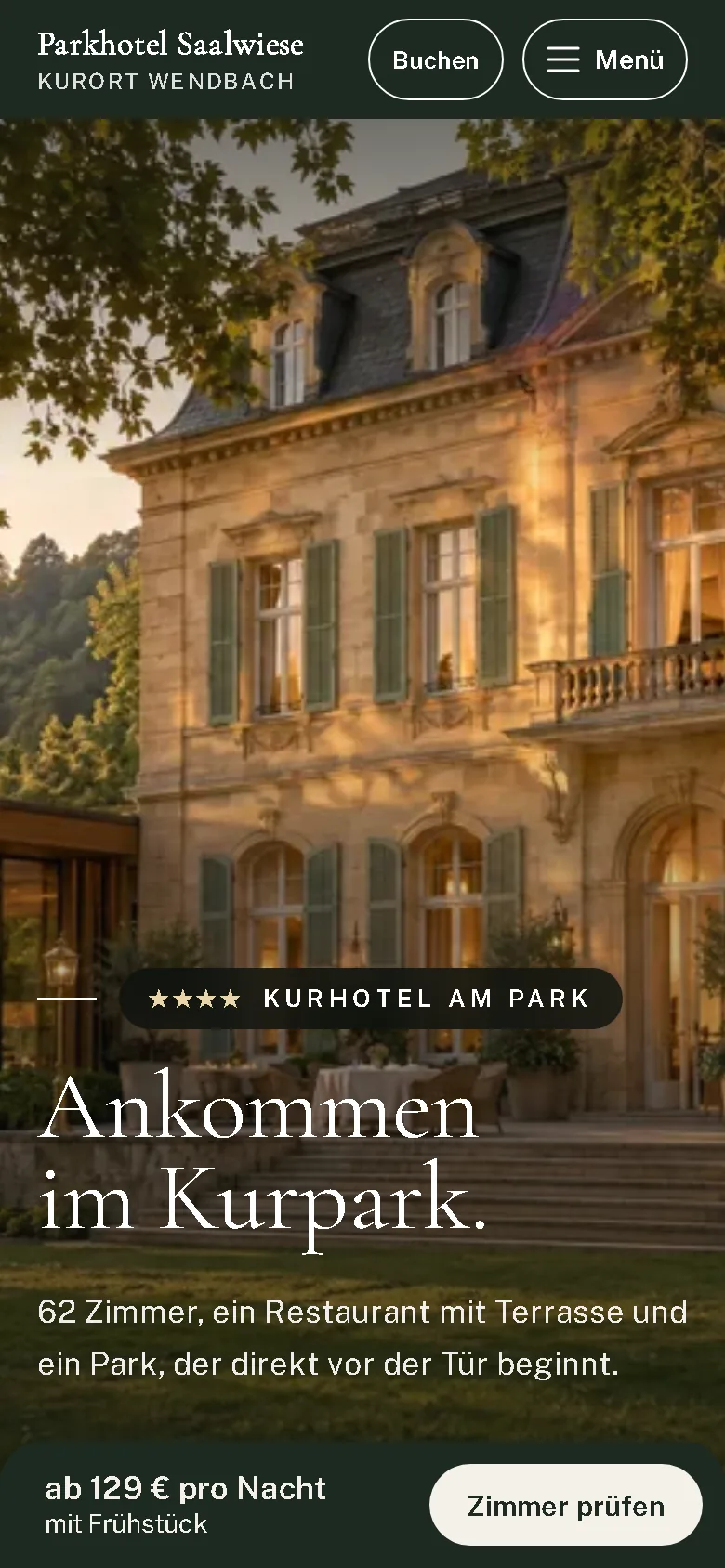 Startseite des Parkhotels Saalwiese nach der Neukonzeption: großes Hotelbild mit Buchungsleiste, auf dem Handy